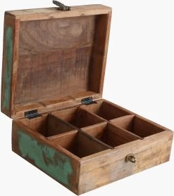 Raw Materials Scrapwood Theedoos – 6 Vakken – Gerecycled Hout -Koffie en Thee Verkoop 1063x1200 1