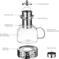 Monzana Theepot Glas - Met Theepotverwarmer – Voor 1,5 Liter RVS Zeef -Koffie en Thee Verkoop 1197x1200 11