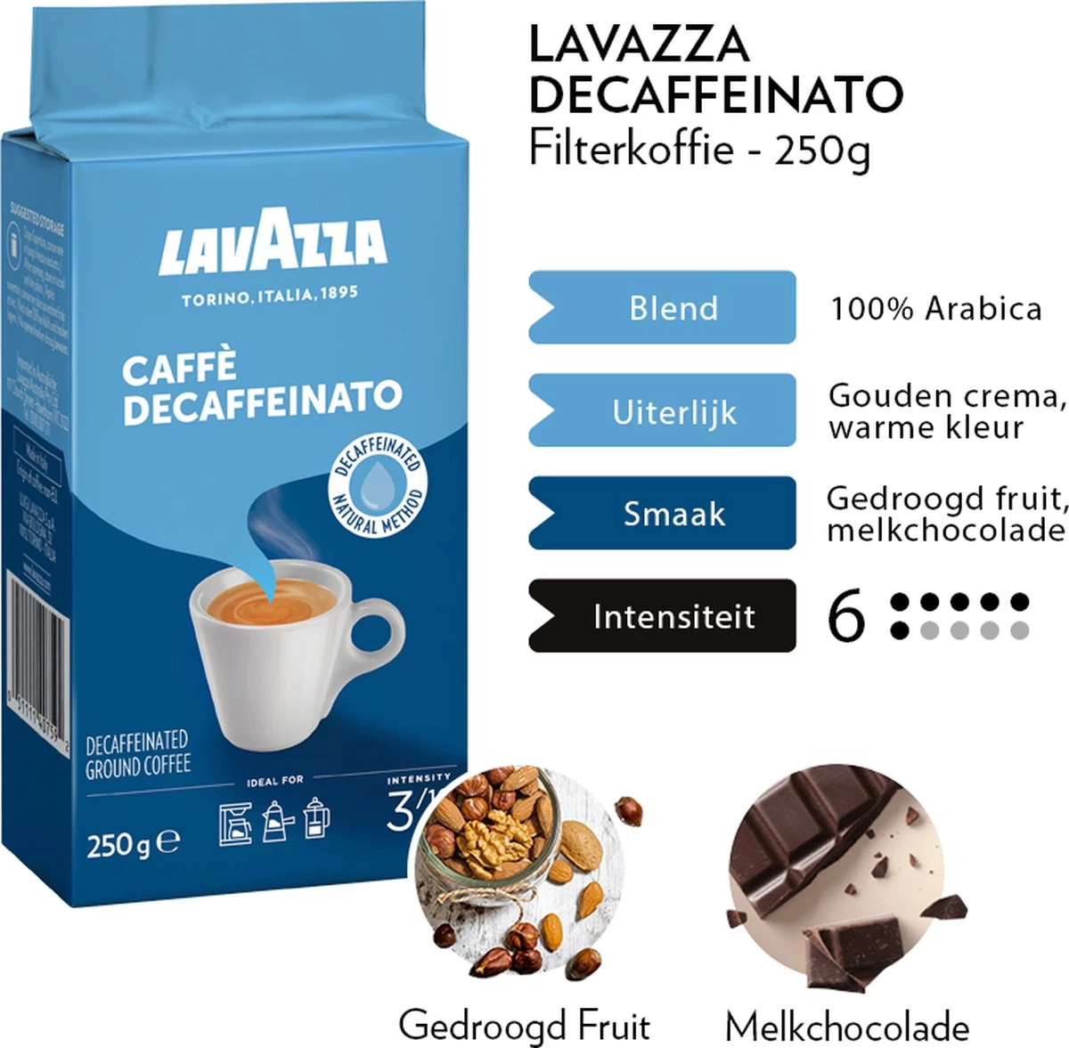 Lavazza Caffe Decaffeinato Filterkoffie - 250 Gram X8 6 Lavazza Caffe Decaffeinato Filterkoffie - 250 Gram X8 - Afbeelding 4