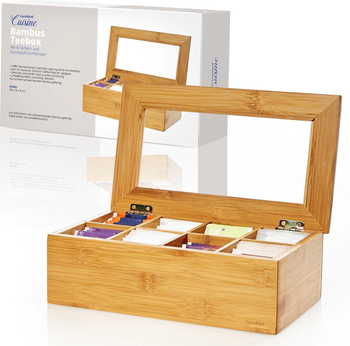 Lumaland Cuisine - Theedoos Van Bamboe - Theebox Met 8 Vakken - Duurzam Decoratief Materiaal - Ca. 28 X 16 X 9 Cm 4 Lumaland Cuisine - Theedoos Van Bamboe - Theebox Met 8 Vakken - Duurzam Decoratief Materiaal - Ca. 28 X 16 X 9 Cm - Afbeelding 2