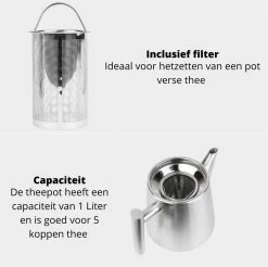 Castagnola Theepot Met Filter – Theekan – Theepot Dubbelwandig – Theepot Roestvrijstaal – Hoogwaardig RVS – 1 Liter – 5 Kopjes Thee – Zilver -Koffie en Thee Verkoop 1200x1195 8