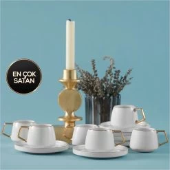 Karaca - Saturn Gold Turkse Koffiekopjes, Mokkakopjes Set - Porselein - Voor 6 Personen, 12-delig, Wit En Goud, 6 Espressokopjes En 6 Schoteltjes - Koffieservies -Koffie en Thee Verkoop 1200x1200 398