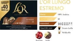 L'OR Lungo Estremo Koffiecups - Intensiteit 10/12 - 4 X 40 Capsules -Koffie en Thee Verkoop 1200x676