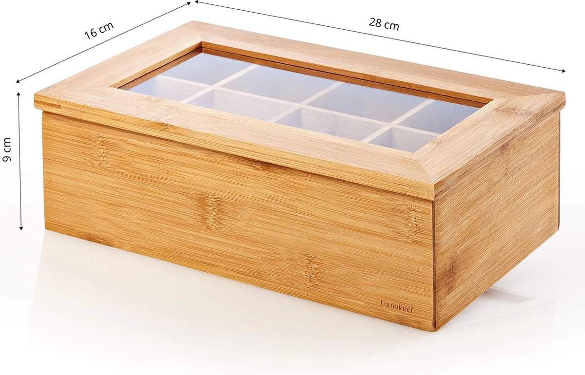 Lumaland Cuisine - Theedoos Van Bamboe - Theebox Met 8 Vakken - Duurzam Decoratief Materiaal - Ca. 28 X 16 X 9 Cm 9 Lumaland Cuisine - Theedoos Van Bamboe - Theebox Met 8 Vakken - Duurzam Decoratief Materiaal - Ca. 28 X 16 X 9 Cm - Afbeelding 7