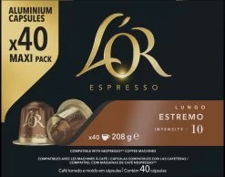 L'OR Lungo Estremo Koffiecups - Intensiteit 10/12 - 4 X 40 Capsules -Koffie en Thee Verkoop 1200x942