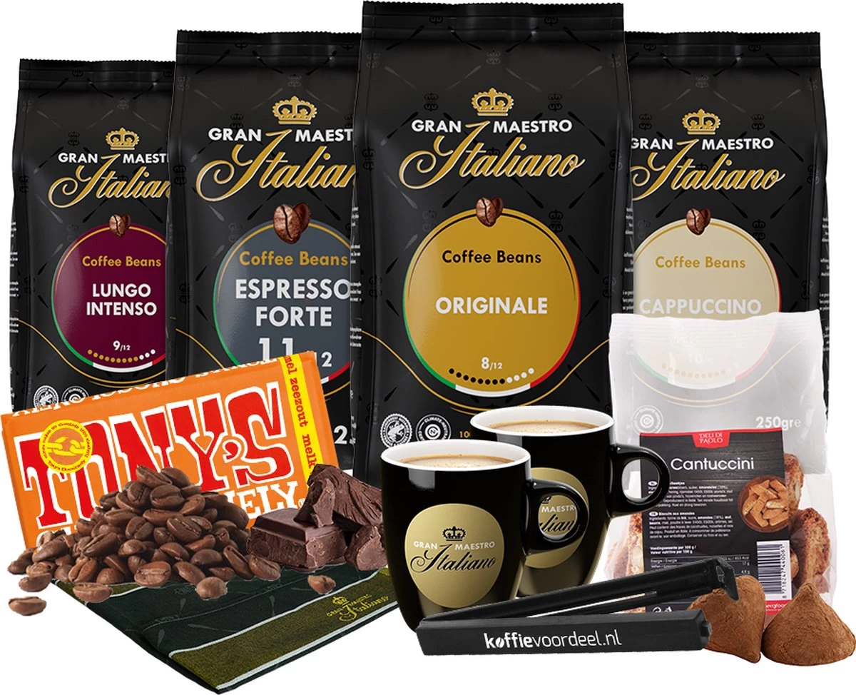 Gran Maestro Italiano - Koffiebonen Proefpakket - Koffie Cadeaupakket - 4 Soorten Koffie, Tony's Chocolonely Karamel Zeezout, Cantuccini Koekjes En Bekers 3 Gran Maestro Italiano - Koffiebonen Proefpakket - Koffie Cadeaupakket - 4 Soorten Koffie, Tony's Chocolonely Karamel Zeezout, Cantuccini Koekjes En Bekers