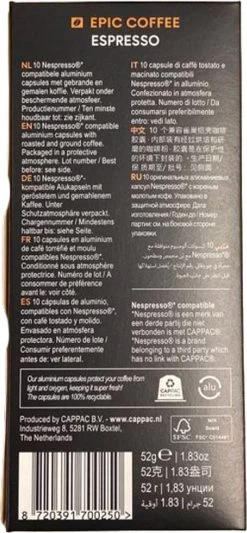 100 Capsules Epic Coffee - Espresso - Nespresso® Compatible Aluminium Capsules - RFA Keurmerk - Doos 100 Stuks -Koffie en Thee Verkoop 556x1200