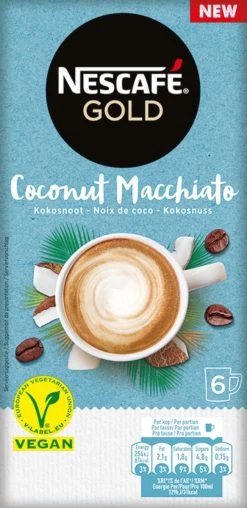 Nescafé Gold Coconut Macchiato Oploskoffie - 6 Doosjes à 6 Zakjes -Koffie en Thee Verkoop 583x1200 1
