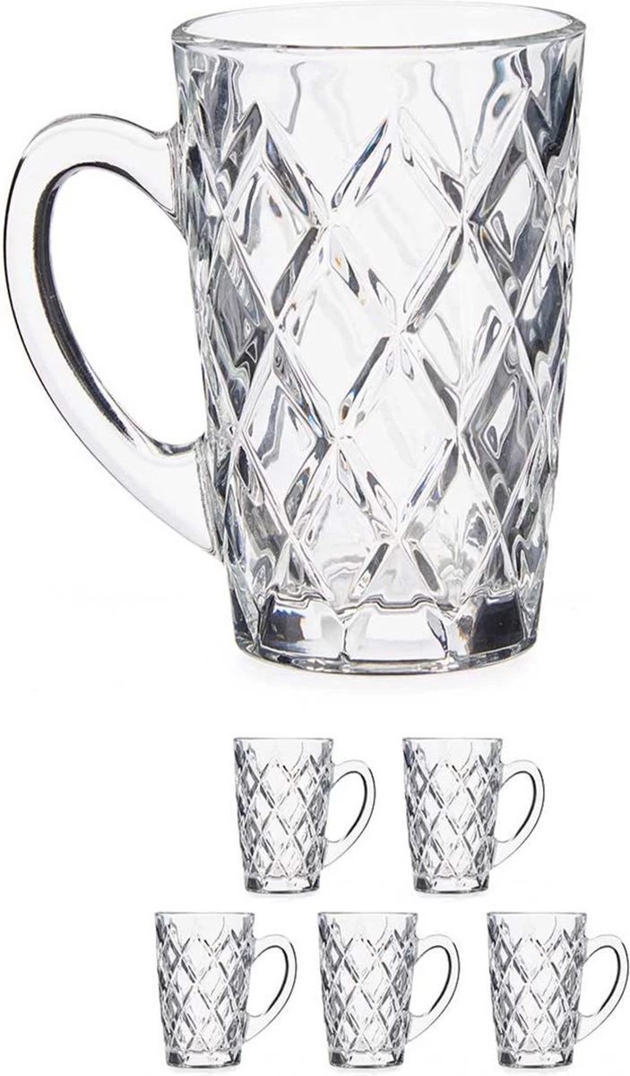 Set Van 6x Stuks Luxe Koffieglazen 170 Ml Met Oor - Type Diamant - Transparant Stevig Kwaliteitsglas 3 Set Van 6x Stuks Luxe Koffieglazen 170 Ml Met Oor - Type Diamant - Transparant Stevig Kwaliteitsglas