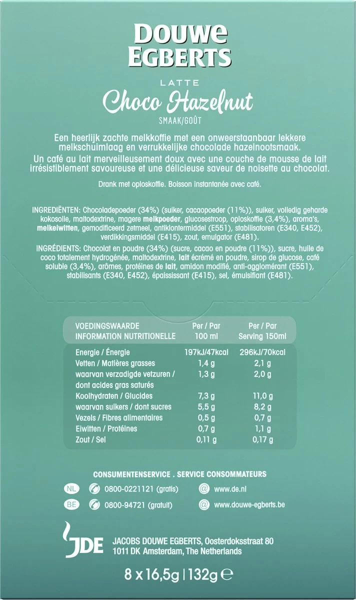 Douwe Egberts Latte Choco Hazelnut Oploskoffie - 5/9 Intensiteit - 5 X 8 Zakjes 4 Douwe Egberts Latte Choco Hazelnut Oploskoffie - 5/9 Intensiteit - 5 X 8 Zakjes - Afbeelding 2