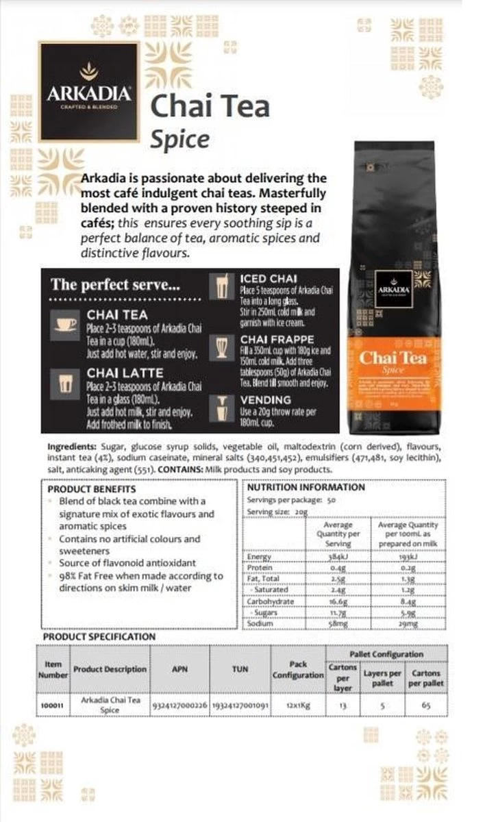 Arkadia Chai Latte Tea Spice Orginal 1kg Powder Cafe Beverage 4 Arkadia Chai Latte Tea Spice Orginal 1kg Powder Cafe Beverage - Afbeelding 2
